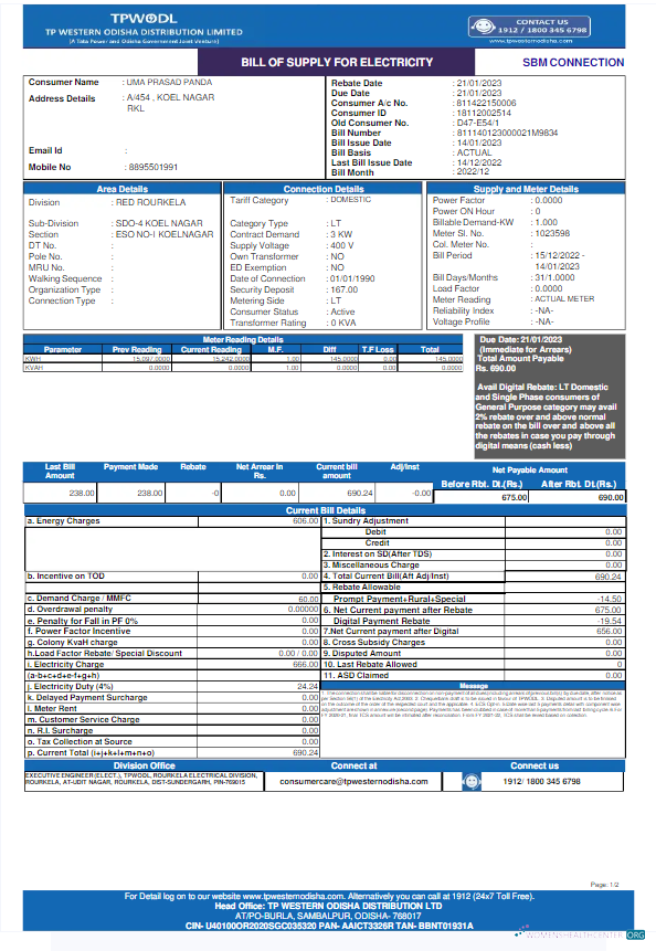 download download INDIA TPWODL utility bill Word and PDF template PDF template PDF template